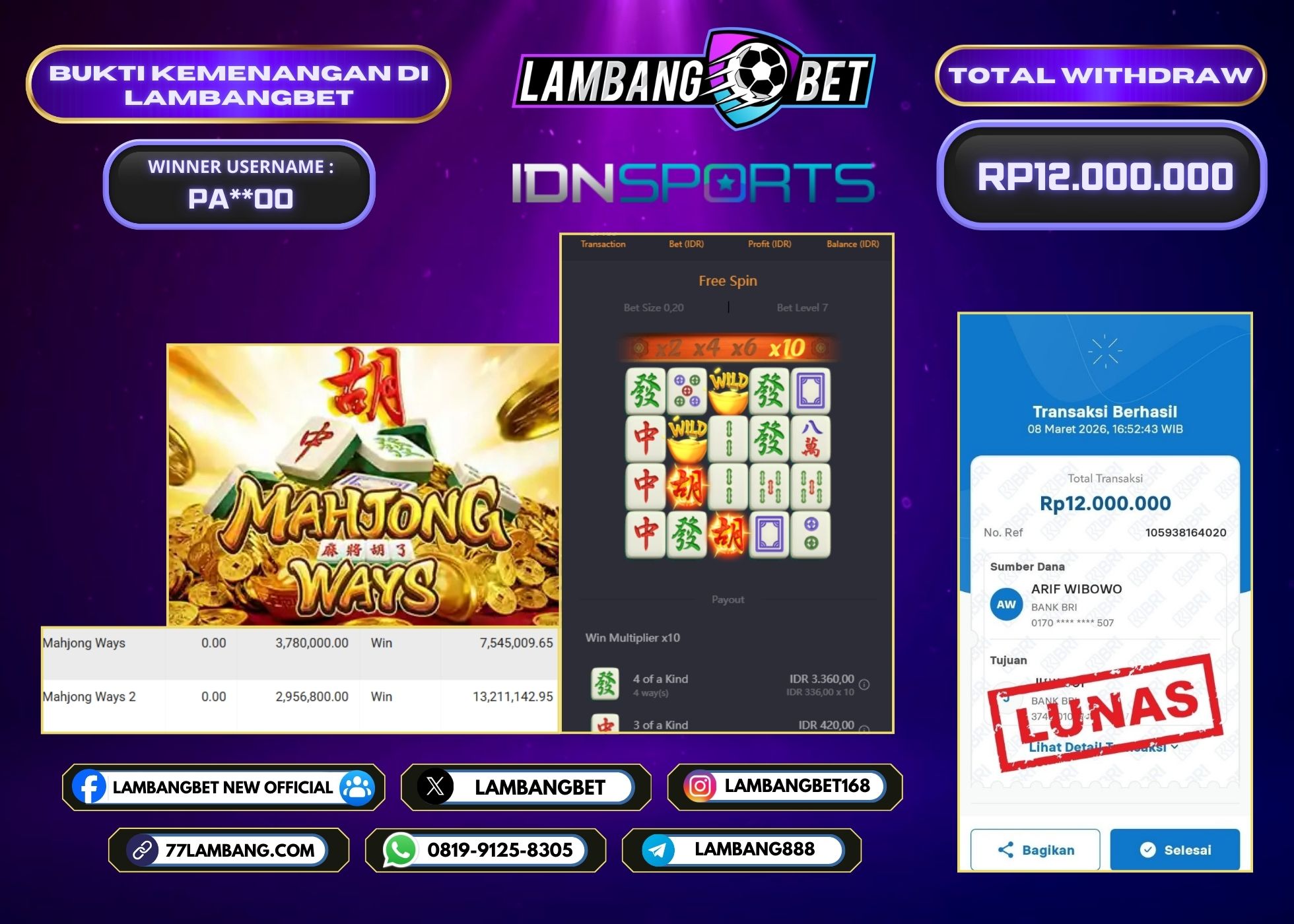 LAMBANGBET [8 MARET 2026] JACKPOT SLOT Mahjong Ways "Rp12.000.000" LUNAS